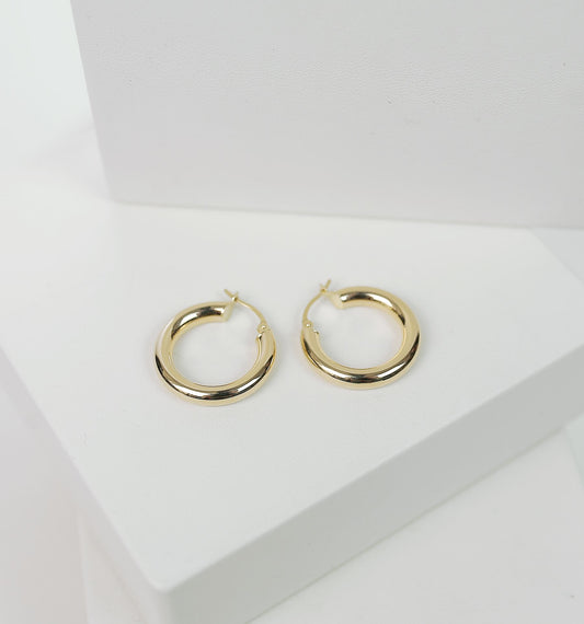 Pair of gold hoop earrings on a white plinth