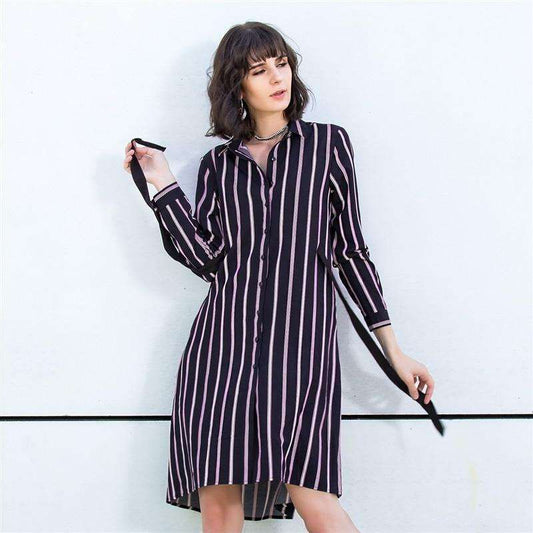 2018 Women Vintage Striped Dress Blouse Lapel Long Sleeve Shirt Dresses Tunic Casual Loose Belted Female Vestidos Plus Size Tops Sold Stock App Demo