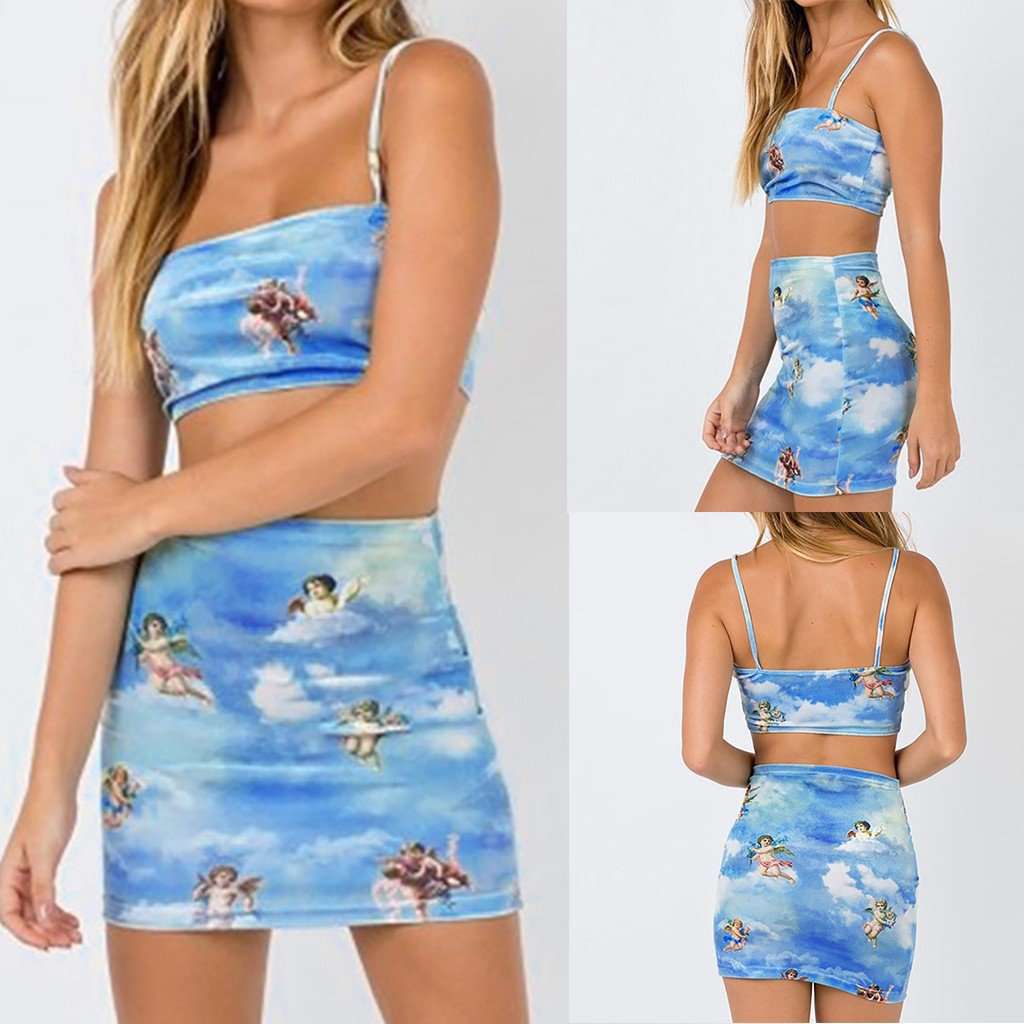 Fashion Women Sleeveless Small Angle Print Short Top T-shirt Skirt Suit Sold Stock App Demo