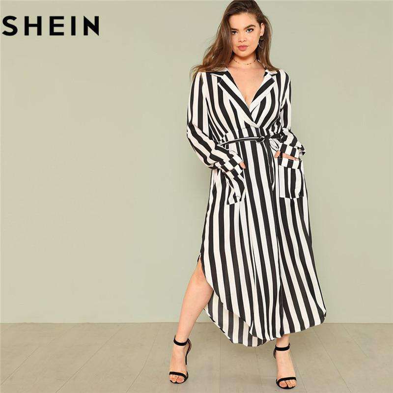 SHEIN Black And White Stripe V Neck Belted Plus Size Maxi Dress Spring Fall Office Lady High Waist Split Side Striped Dresses Sold Stock App Demo