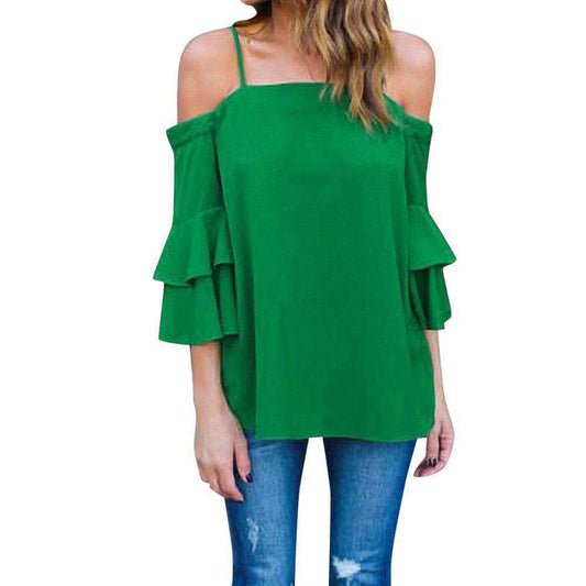 Women Off Shoulder Tank Top Bell Sleeve Loose Casual Shirt Blouse Sold Stock App Demo