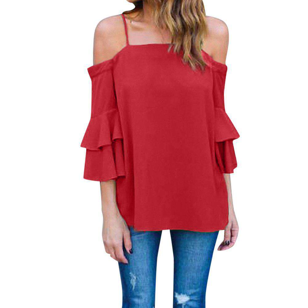 Women Off Shoulder Tank Top Bell Sleeve Loose Casual Shirt Blouse Sold Stock App Demo