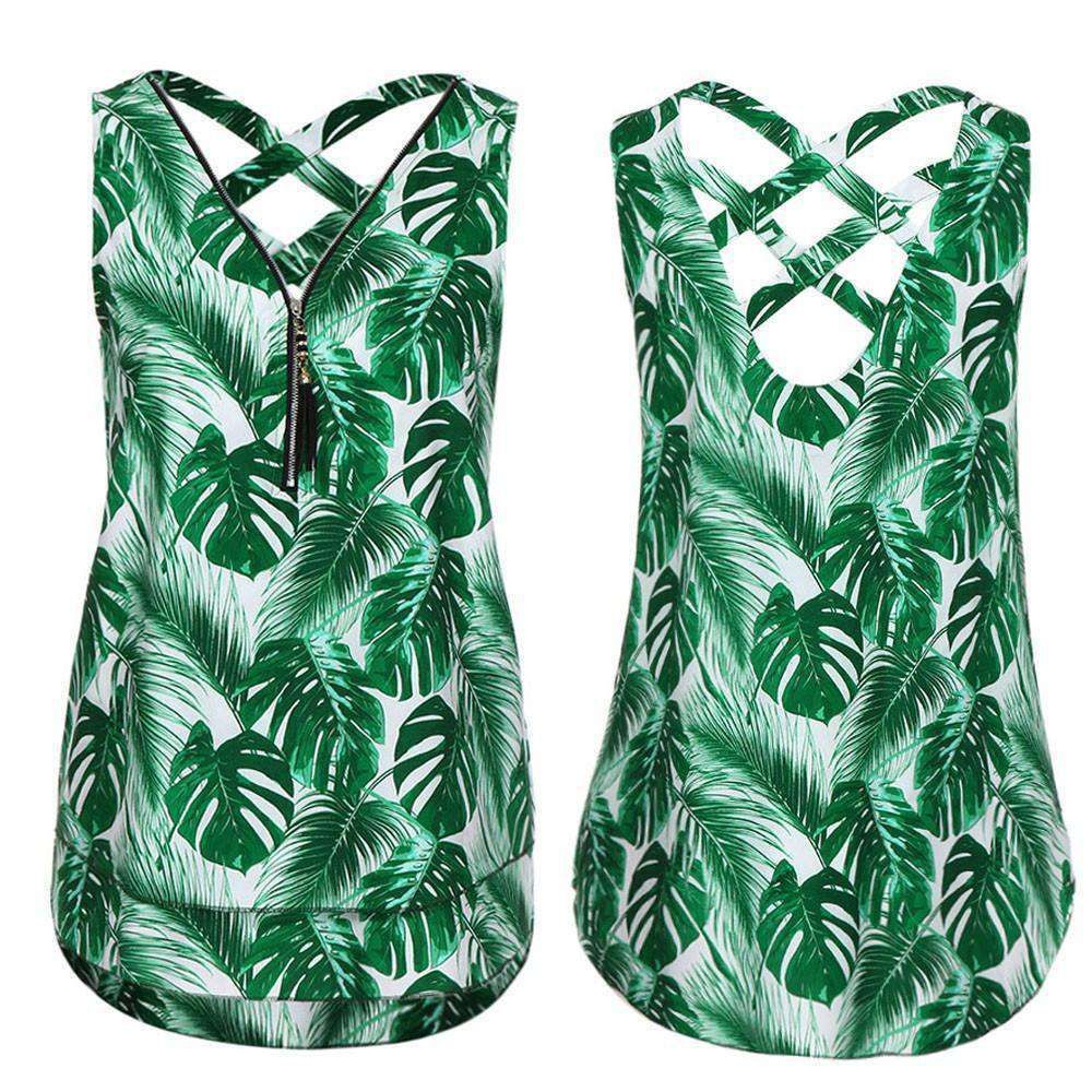 Women Loose Sleeveless Tank Top Cross Back Hem Layed Zipper V-Neck T Shirts Tops Sold Stock App Demo