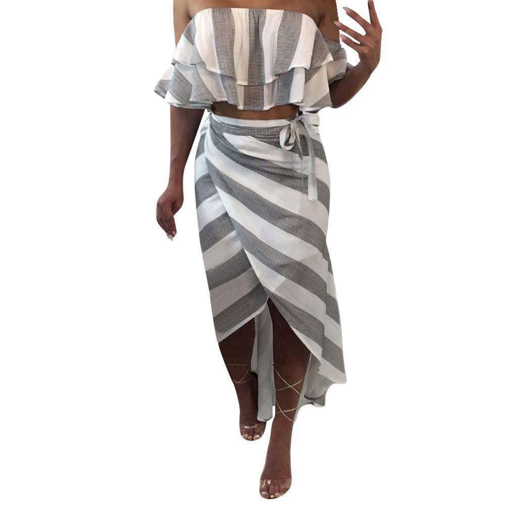 Womens Fashion Stripe Crop Tops + Skirt Ladies Summer Beach Set Sold Stock App Demo