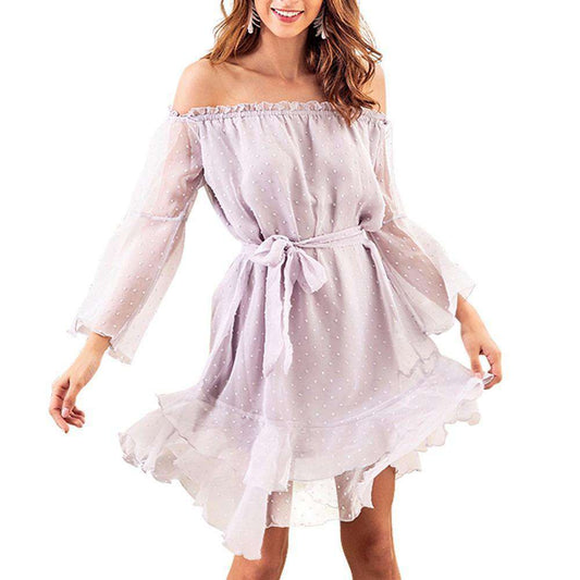 Women Tube Top Belt Waist Sexy Long Sleeve Chiffon Jacquard Dress Sold Stock App Demo
