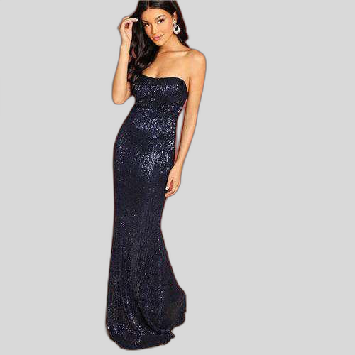 SHEIN Navy Elegant Sequin Mesh Strapless Bodycon Evening Gown High Waist Zipper Back Solid 2019 Summer Women Party Dresses Sold Stock App Demo