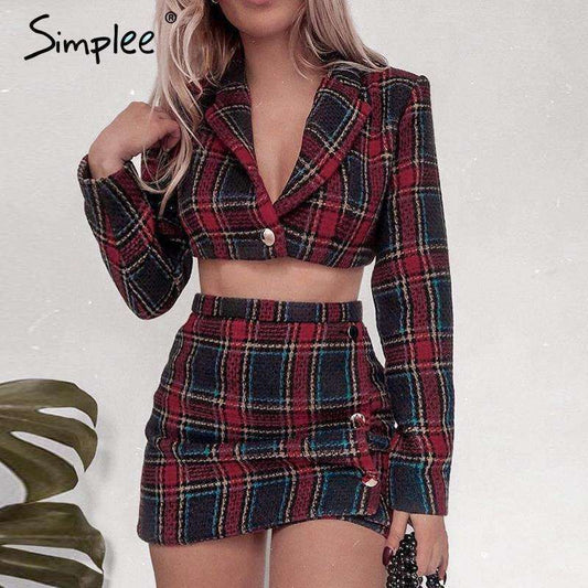 Simplee Winter 2 piece set tweed plaid dress Crop top women long sleeve sexy jacket Casual pencil short female matching sets Sold Stock App Demo