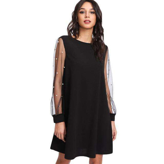 SHEIN Elegant Womens Dresses Pearl Beading Mesh Sleeve Tunic Dress Autumn Black Boat Neck Long Sleeve A Line Dress Sold Stock App Demo