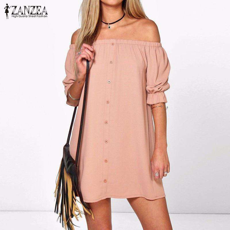 ZANZEA Women Vestidos 2018 Sexy Off Shoulder Mini Party Dress Casual Loose Half Sleeve Strapless Dresses Long Tops Plus Size Sold Stock App Demo