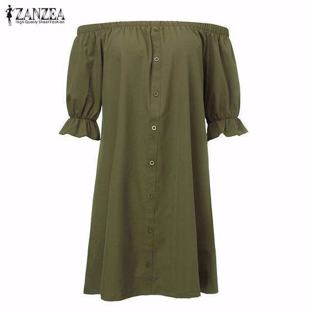 ZANZEA Women Vestidos 2018 Sexy Off Shoulder Mini Party Dress Casual Loose Half Sleeve Strapless Dresses Long Tops Plus Size Sold Stock App Demo