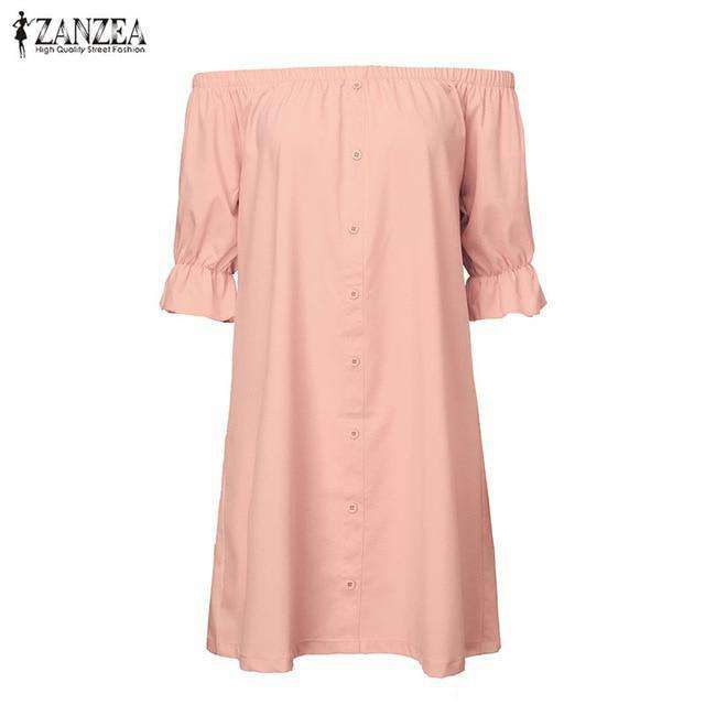 ZANZEA Women Vestidos 2018 Sexy Off Shoulder Mini Party Dress Casual Loose Half Sleeve Strapless Dresses Long Tops Plus Size Sold Stock App Demo