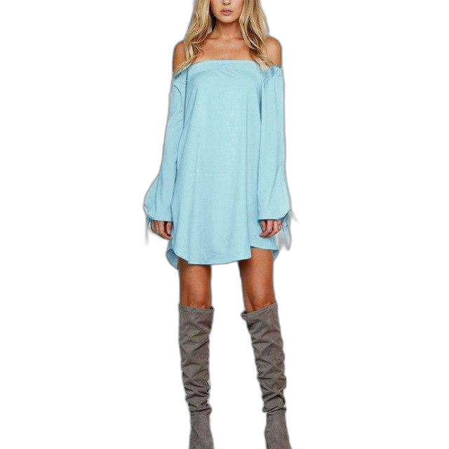 2018 Autumn ZANZEA Women Dress Sexy Strapless Mini Dresses Off Shoulder Slash Neck Long Sleeve Tops Casual Loose Solid Vestidos Sold Stock App Demo