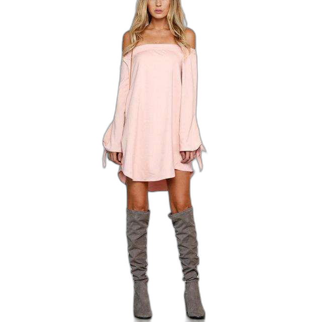 2018 Autumn ZANZEA Women Dress Sexy Strapless Mini Dresses Off Shoulder Slash Neck Long Sleeve Tops Casual Loose Solid Vestidos Sold Stock App Demo