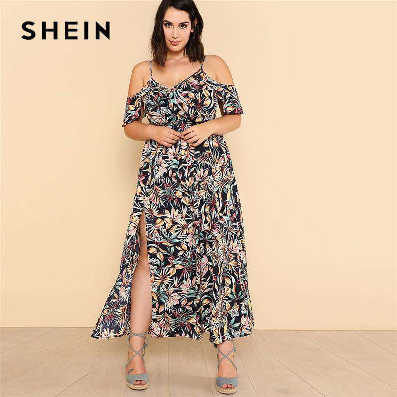 SHEIN Open Shoulder Tropical Wrap Dress 2018 Summer Spaghetti Strap V neck Ruffle Dress Women Plus Size Beach Belted Dress Sold Stock App Demo