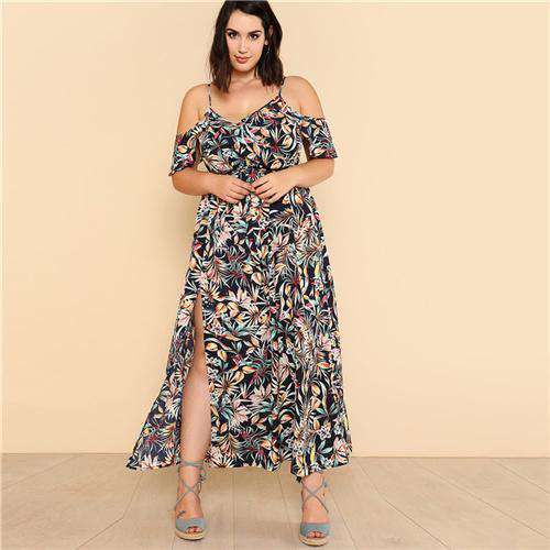 SHEIN Open Shoulder Tropical Wrap Dress 2018 Summer Spaghetti Strap V neck Ruffle Dress Women Plus Size Beach Belted Dress Sold Stock App Demo
