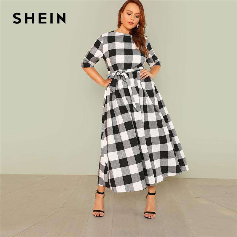 SHEIN Self Belted Gingham Dress 2018 Summer Round Neck Half Sleeve Plaid Retro Maxi Dress Women Plus Size Casual Dress Sold Stock App Demo