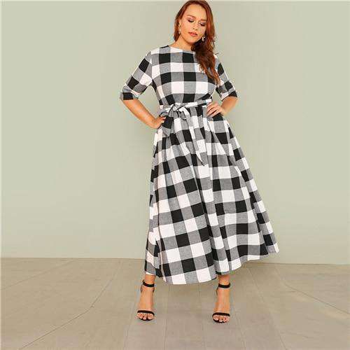 SHEIN Self Belted Gingham Dress 2018 Summer Round Neck Half Sleeve Plaid Retro Maxi Dress Women Plus Size Casual Dress Sold Stock App Demo