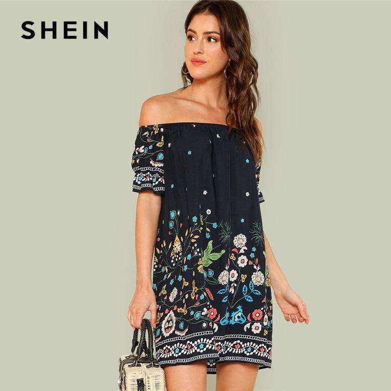 SHEIN Floral Beach Boho Bohemian Vacation Tribal Print Off the Shoulder Bardot Summer Half Sleeve Ruffle Dresses Women Dress Sold Stock App Demo