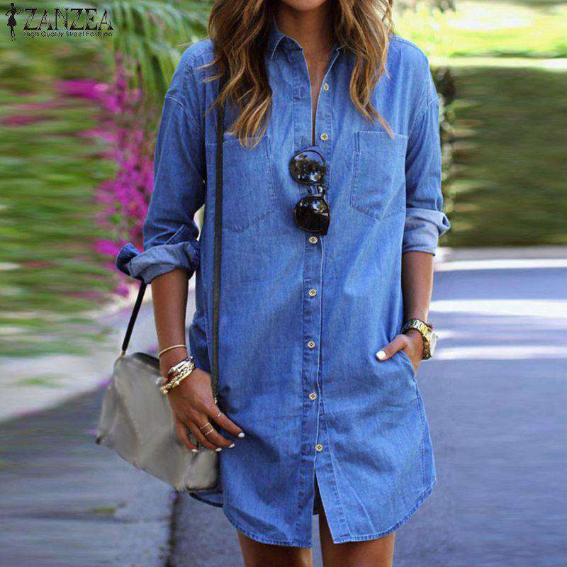 ZANZEA Women Denim Dress 2018 Autumn Casual Loose Long Sleeve Button Shirt Dresses Mini Vestidos Blouse Tops Jeans Plus Size Sold Stock App Demo