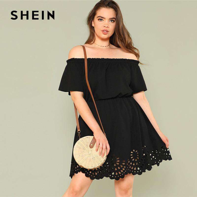 SHEIN Solid Ruffle Off the Shoulder Plus Size Scalloped Hem Elegant Women Dress 2018 Summer Short Sleeve Casual Bardot Dresses Sold Stock App Demo