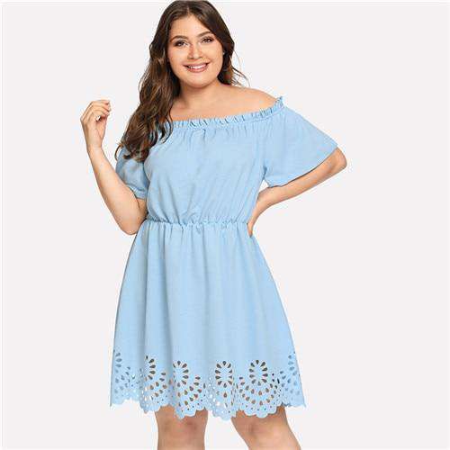 SHEIN Solid Ruffle Off the Shoulder Plus Size Scalloped Hem Elegant Women Dress 2018 Summer Short Sleeve Casual Bardot Dresses Sold Stock App Demo