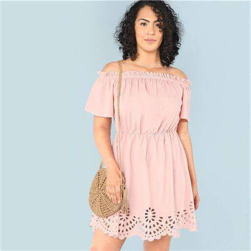 SHEIN Solid Ruffle Off the Shoulder Plus Size Scalloped Hem Elegant Women Dress 2018 Summer Short Sleeve Casual Bardot Dresses Sold Stock App Demo