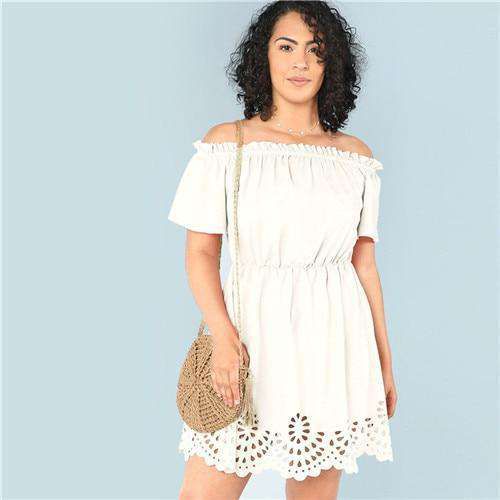 SHEIN Solid Ruffle Off the Shoulder Plus Size Scalloped Hem Elegant Women Dress 2018 Summer Short Sleeve Casual Bardot Dresses Sold Stock App Demo