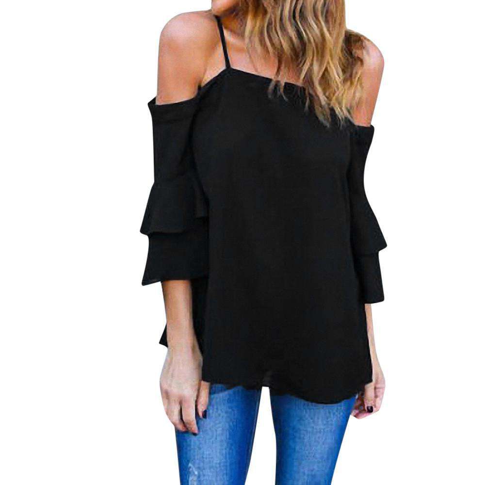 Women Off Shoulder Tank Top Bell Sleeve Loose Casual Shirt Blouse Sold Stock App Demo