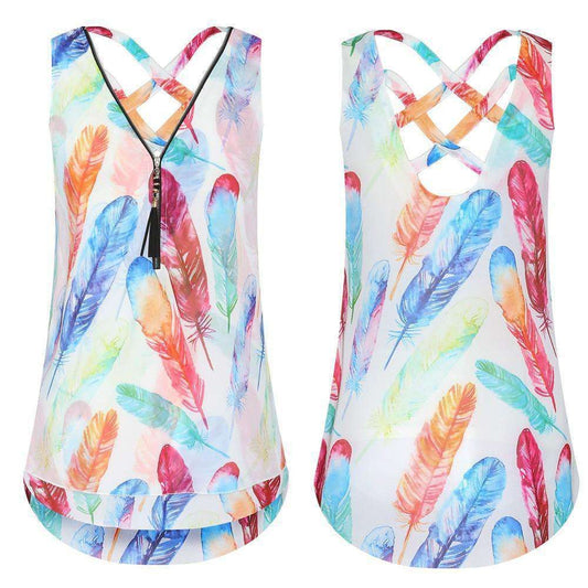 Women Loose Sleeveless Tank Top Cross Back Hem Layed Zipper V-Neck T Shirts Tops Sold Stock App Demo