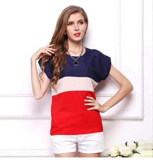 USA SIZE Large size short-sleeved chiffon shirt three-color stitching small color matching t-shirt Sold Stock App Demo