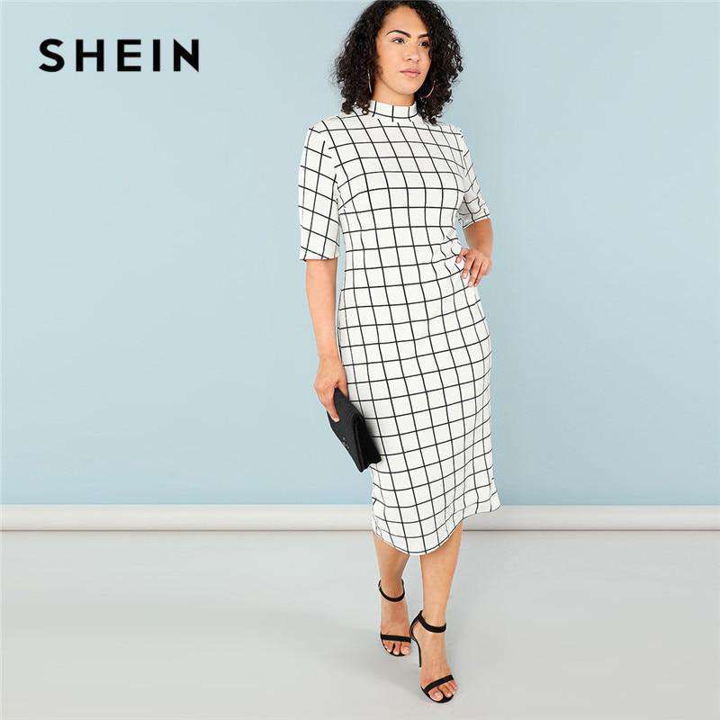 SHEIN Elegant Plaid Bodycon Plus Size Long Pencil Dresses Womens 2018 Office Lady Stand Collar Grid Print Slim Fit Dress Sold Stock App Demo