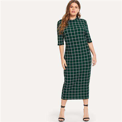 SHEIN Elegant Plaid Bodycon Plus Size Long Pencil Dresses Womens 2018 Office Lady Stand Collar Grid Print Slim Fit Dress Sold Stock App Demo
