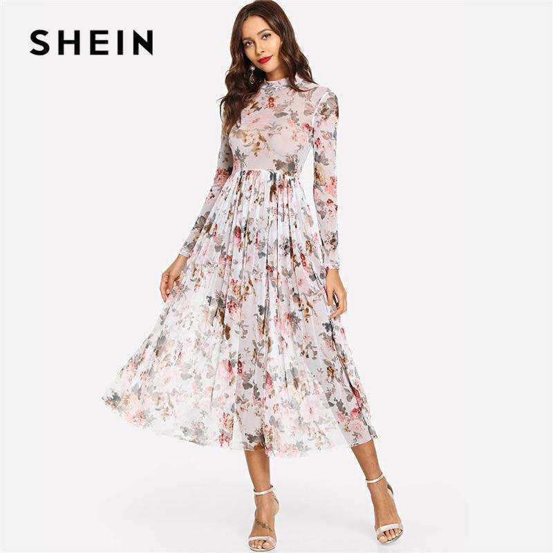 SHEIN Multicolor Highstreet Party Elegant Mock Neck Semi Sheer Pleated Floral A Line Dress 2018 Autumn Modern Lady Women Dresses Sold Stock App Demo