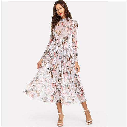 SHEIN Multicolor Highstreet Party Elegant Mock Neck Semi Sheer Pleated Floral A Line Dress 2018 Autumn Modern Lady Women Dresses Sold Stock App Demo