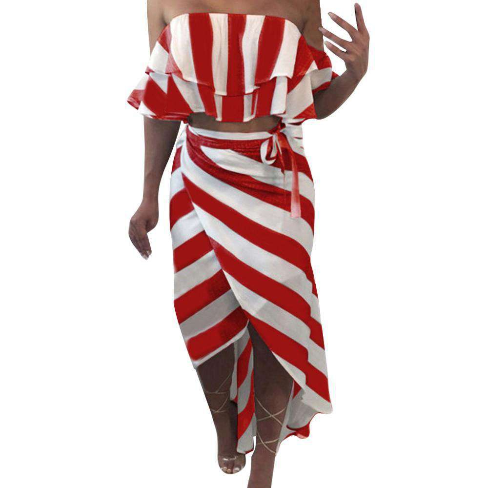 Womens Fashion Stripe Crop Tops + Skirt Ladies Summer Beach Set Sold Stock App Demo