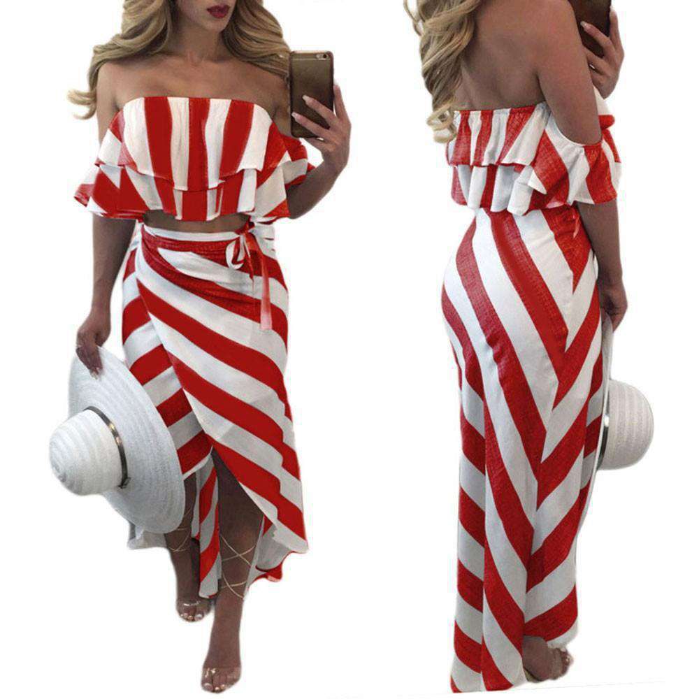 Womens Fashion Stripe Crop Tops + Skirt Ladies Summer Beach Set Sold Stock App Demo
