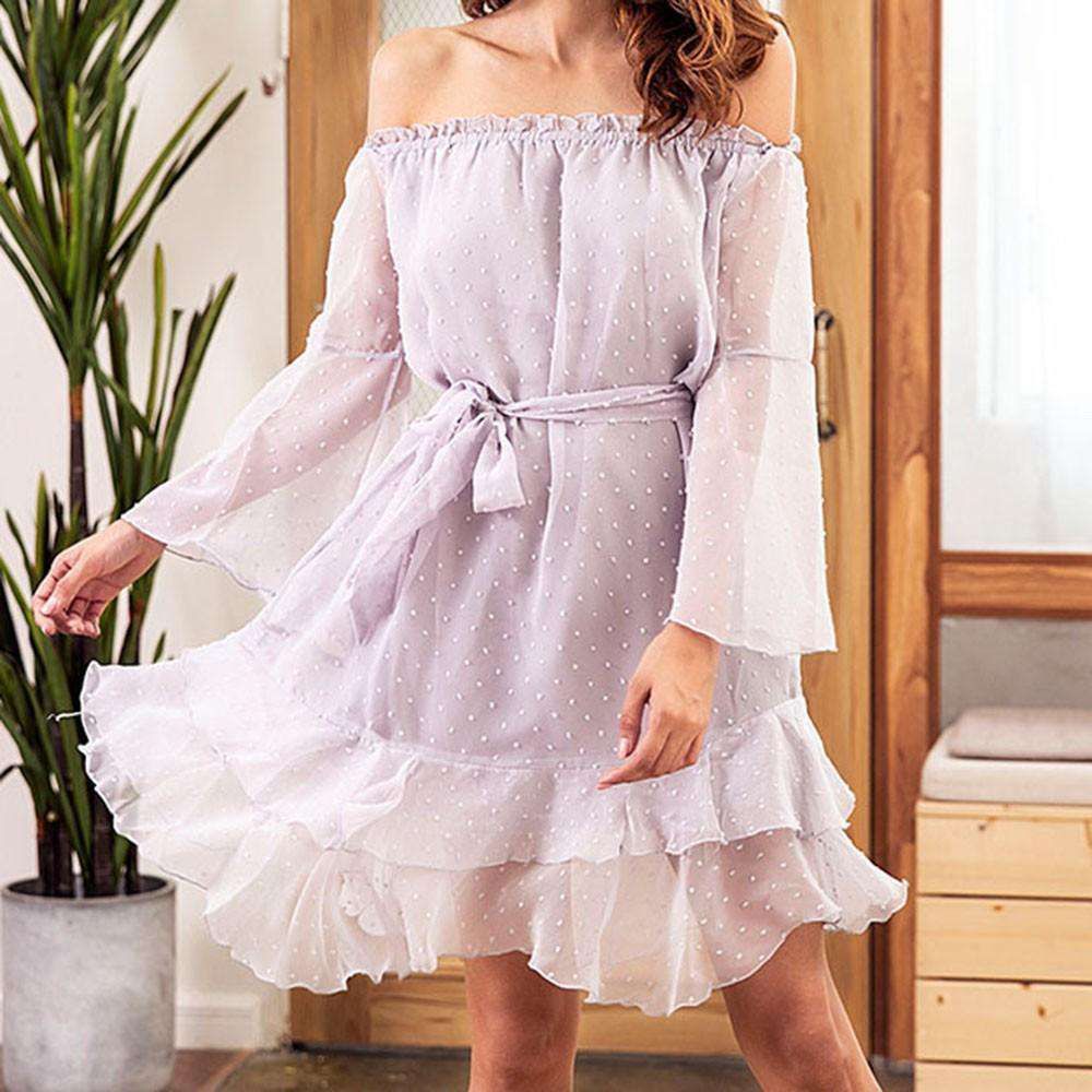 Women Tube Top Belt Waist Sexy Long Sleeve Chiffon Jacquard Dress Sold Stock App Demo