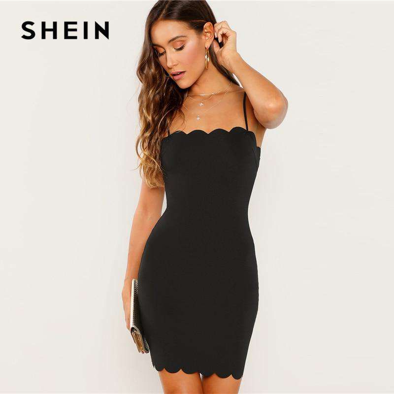 SHEIN Black Form Fitting Scalloped Cami Dress Bodycon Sleeveless Slim Short Party Dress Women Autumn Highstreet Elegant Dresses Sold Stock App Demo