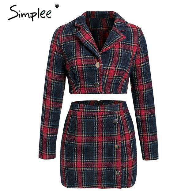 Simplee Winter 2 piece set tweed plaid dress Crop top women long sleeve sexy jacket Casual pencil short female matching sets Sold Stock App Demo