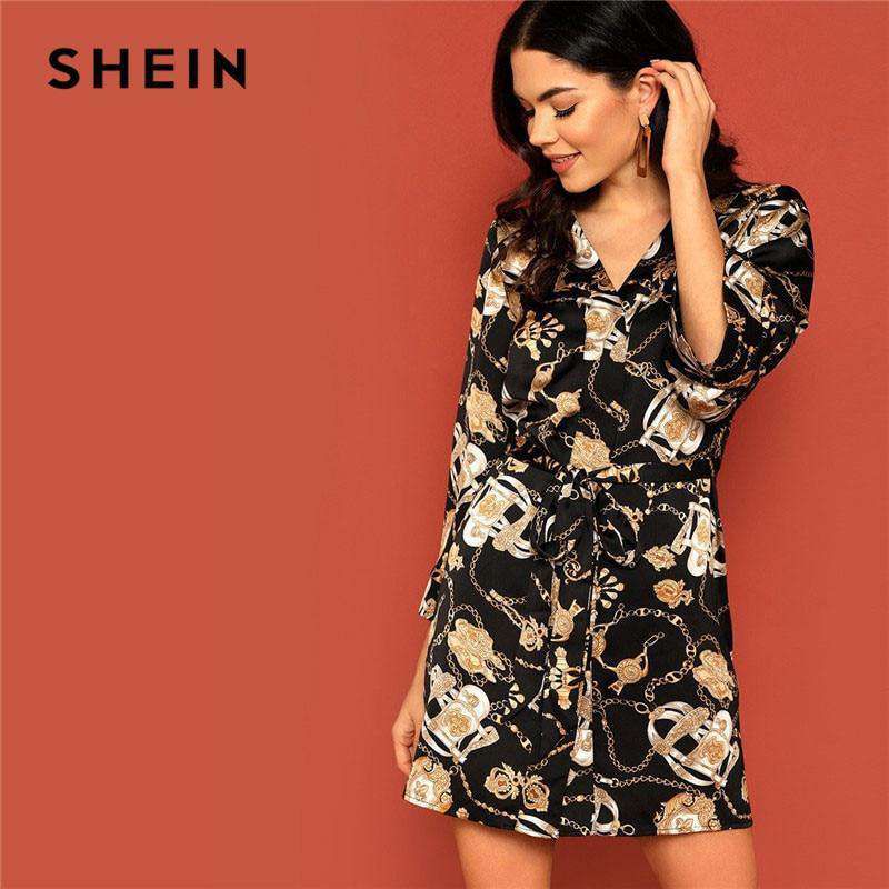 SHEIN Black Vacation Chain Pattern Print Flare Sleeve Belted Casual Dress 2018 Autumn Holiday Fashion Women Dresses Sold Stock App Demo