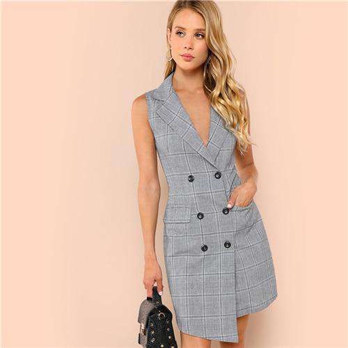 SHEIN Black and White Elegant Notch Collar Double Breasted Surplice Wrap Dress 2018 Summer Slim Modern Lady Women Dresses Sold Stock App Demo