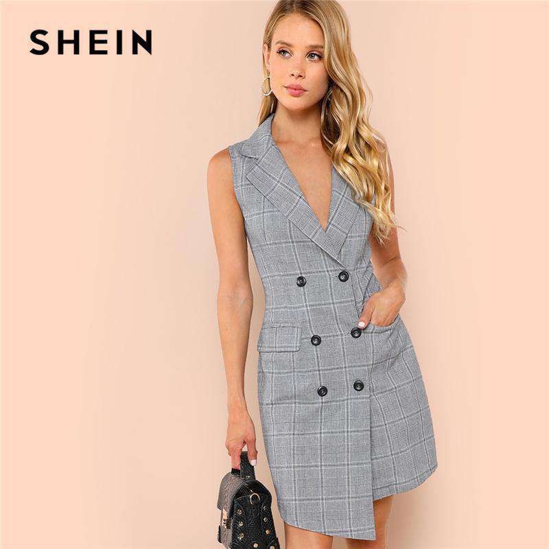 SHEIN Black and White Elegant Notch Collar Double Breasted Surplice Wrap Dress 2018 Summer Slim Modern Lady Women Dresses Sold Stock App Demo