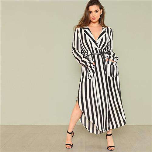 SHEIN Black And White Stripe V Neck Belted Plus Size Maxi Dress Spring Fall Office Lady High Waist Split Side Striped Dresses Sold Stock App Demo
