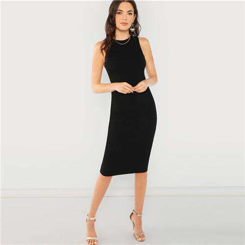 SHEIN Black Elegant Solid Pencil Dress Slim Sleeveless Knee Length Sexy Workwear Dresses Women Plain Sheath Summer Dress Sold Stock App Demo
