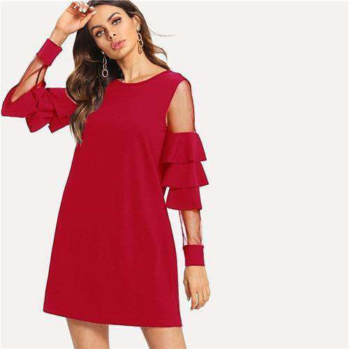 SHEIN Burgundy Contrast Mesh Insert Tiered Layered Sleeve Bell Sleeve Ruffle Dress Women Autumn Modern Lady Party Dress Sold Stock App Demo