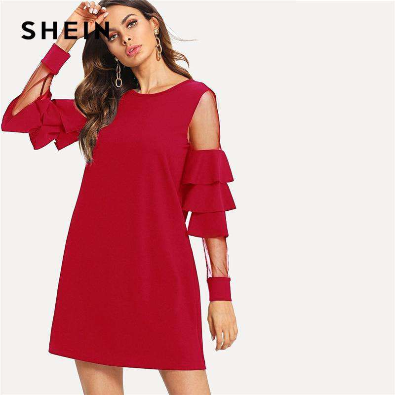 SHEIN Burgundy Contrast Mesh Insert Tiered Layered Sleeve Bell Sleeve Ruffle Dress Women Autumn Modern Lady Party Dress Sold Stock App Demo