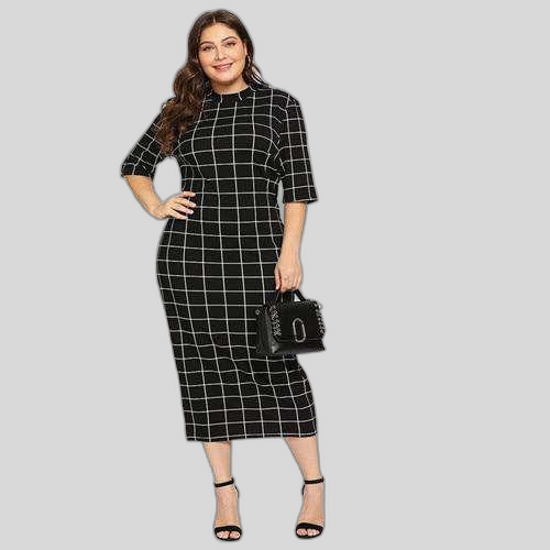 SHEIN Elegant Plaid Bodycon Plus Size Long Pencil Dresses Womens 2018 Office Lady Stand Collar Grid Print Slim Fit Dress Sold Stock App Demo
