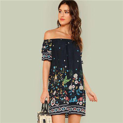 SHEIN Floral Beach Boho Bohemian Vacation Tribal Print Off the Shoulder Bardot Summer Half Sleeve Ruffle Dresses Women Dress Sold Stock App Demo